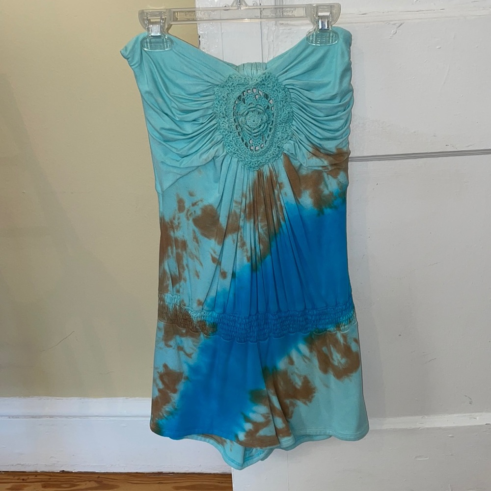 Sky Turquoise Blue Brown Tie-Dye Strapless Romper